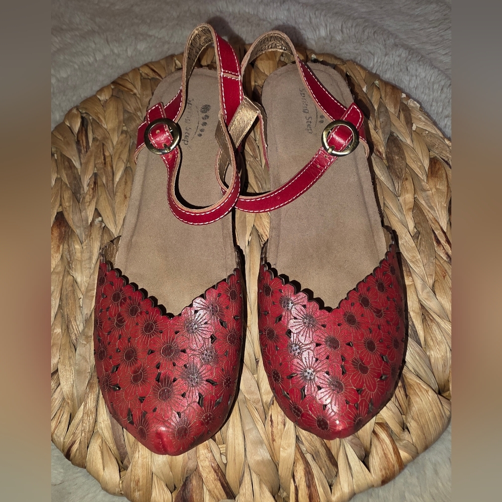 L'Artiste Spring Step D Livia Mary Jane Wedge Heel Sandals Leather Red 36 6.5